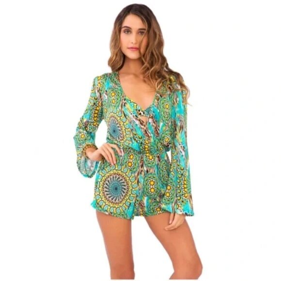 Luli Fama Romper Cover Up Moon Princess Wrap Front Green Size: Small - Picture 1 of 3